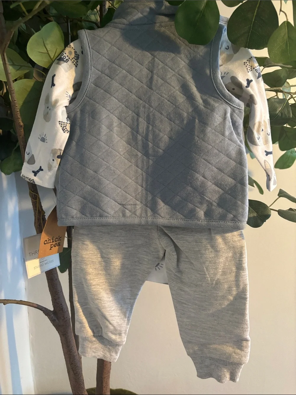 chick pea Light Blue Quilted Vest Set with Dog-Print Bodysuit and Gray Pan 3 pcs